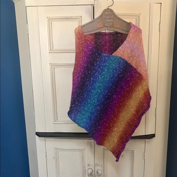 Hand Knit Rainbow Poncho Shawl - Picture 6 of 8